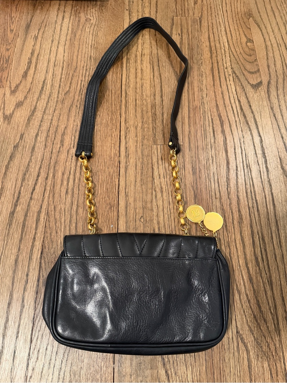 Black Leather Shoulder Bag with Gold Chain Accent